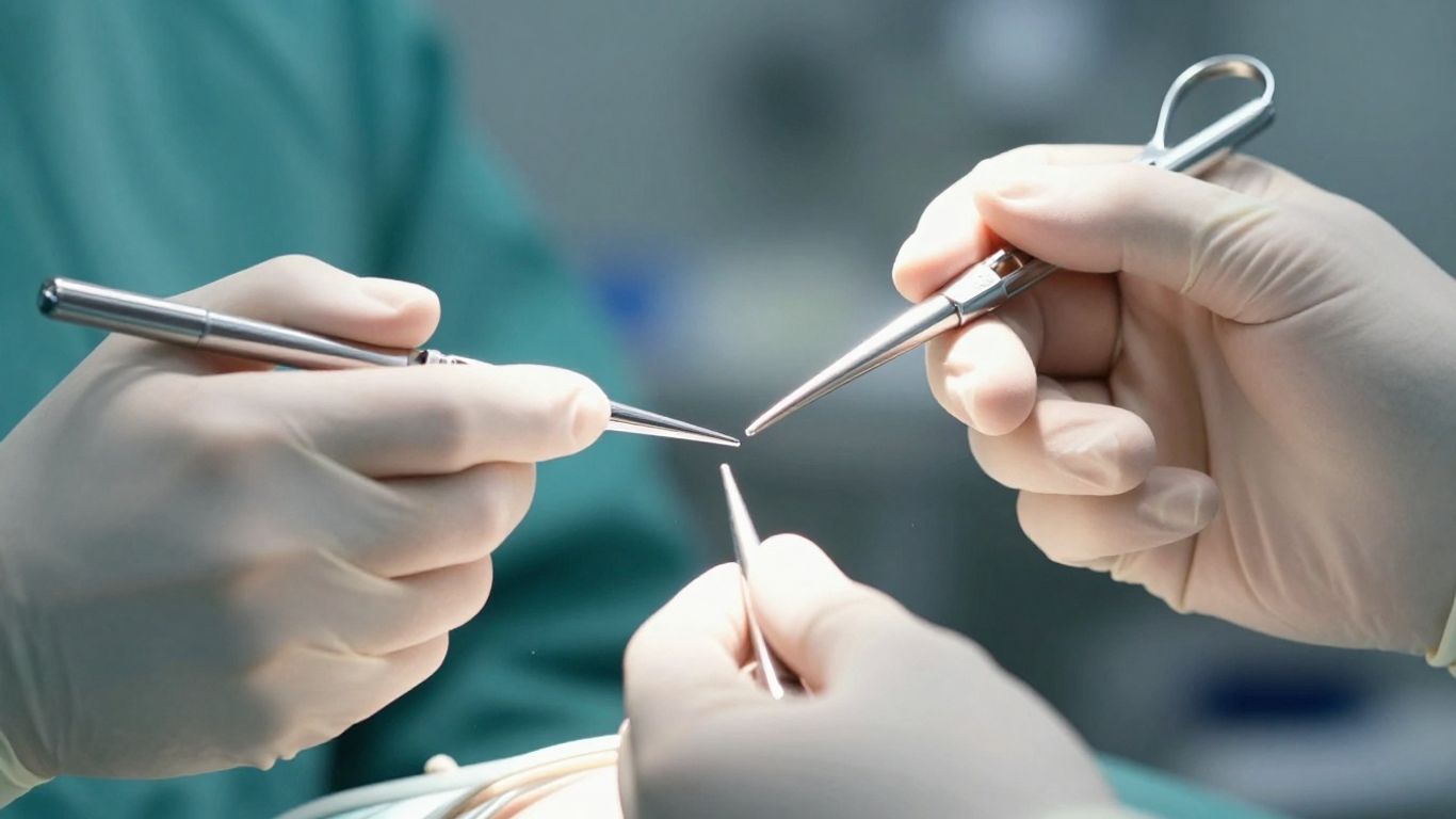Surgeon's hands with instruments in operating room