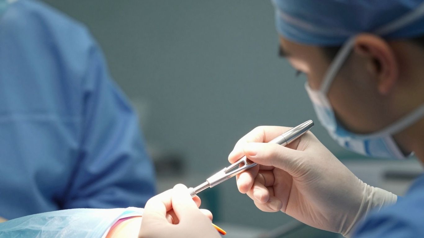 Surgeon's hands with medical instrument