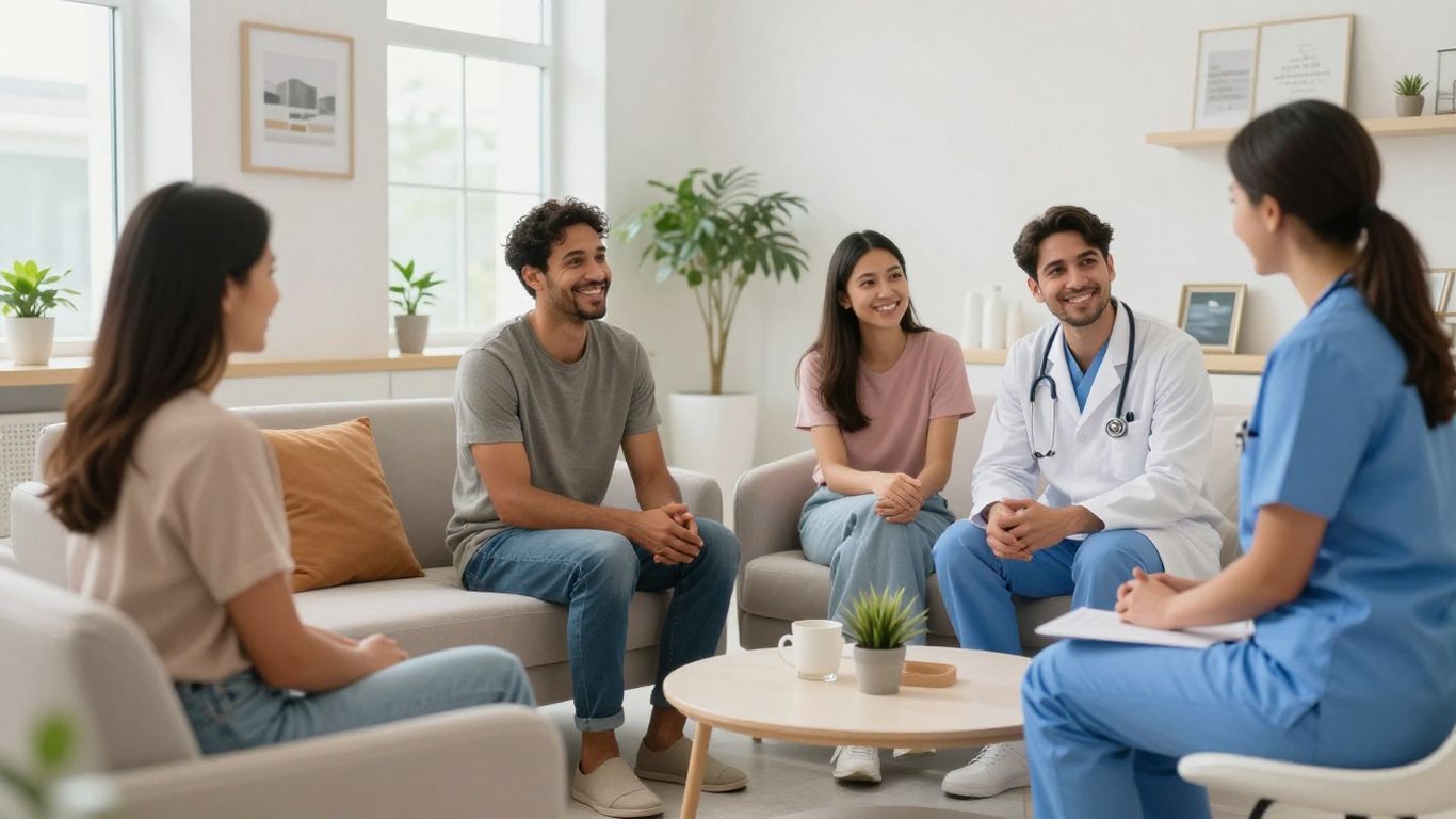 UNC Plastic Surgery clinic interior with patients and staff.
