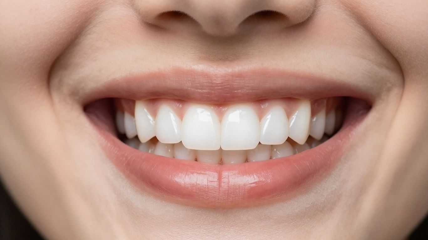 Close-up of a bright, white smile with dental veneers.