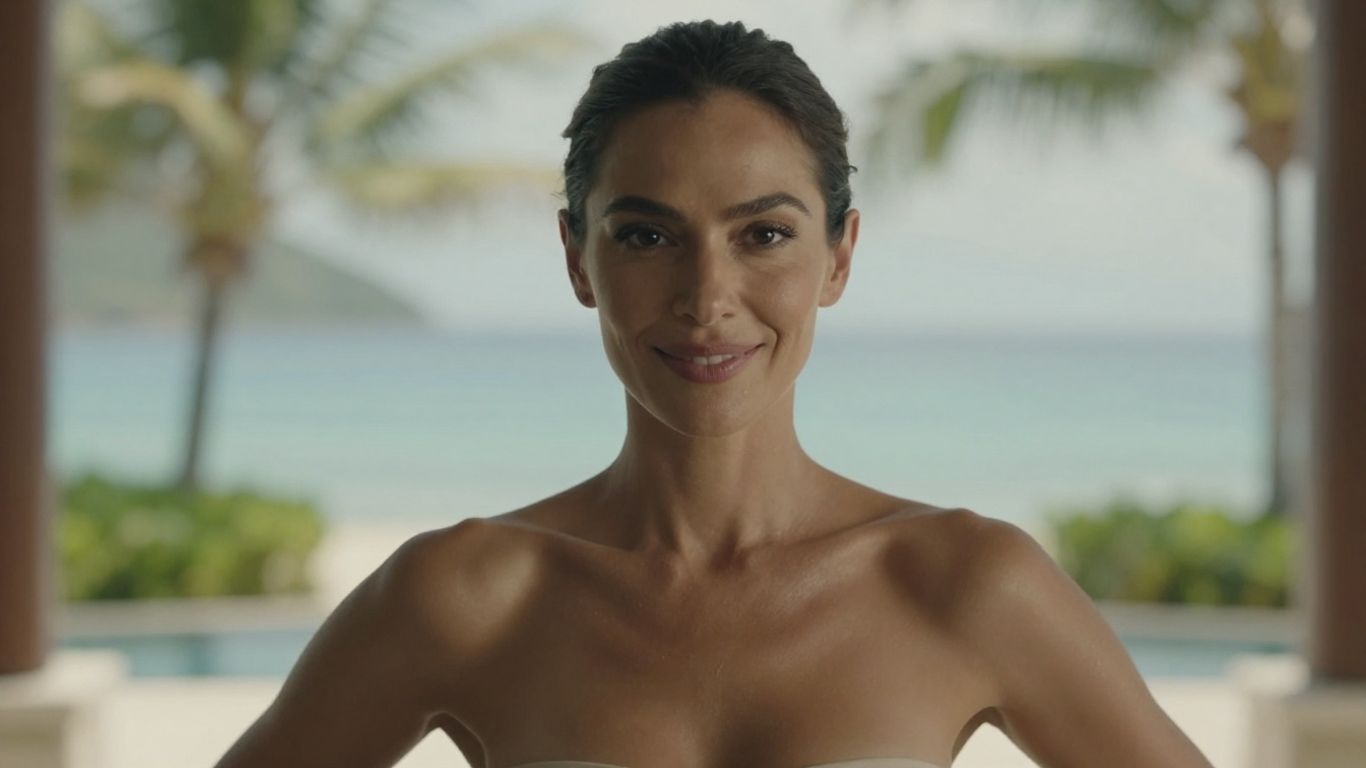 Woman smiling, chest contours visible, tropical background.