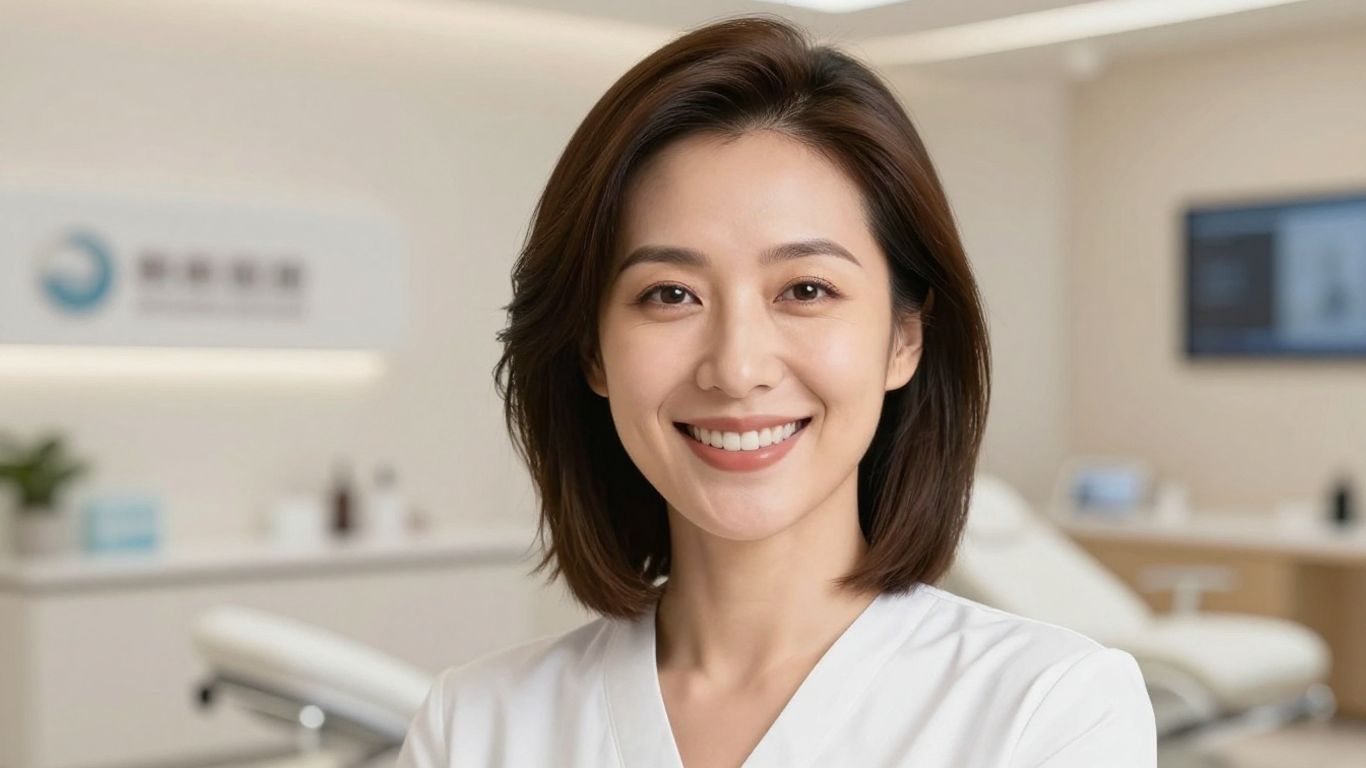 Woman smiling, chest contours visible, clinic background.