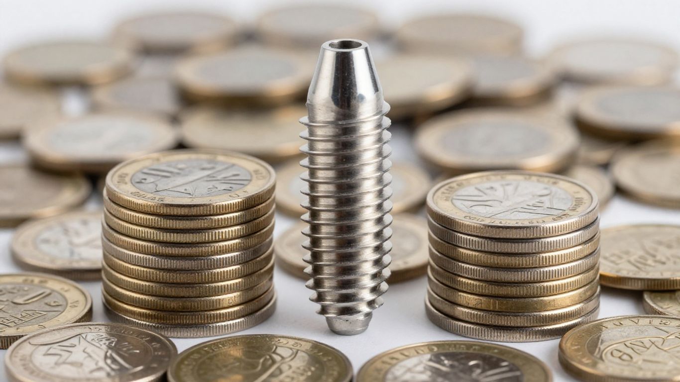 Dental implant next to coins, illustrating cost and value.