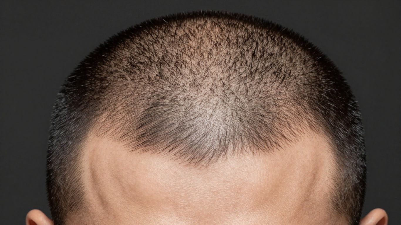 Man's scalp with realistic hair tattoo effect.