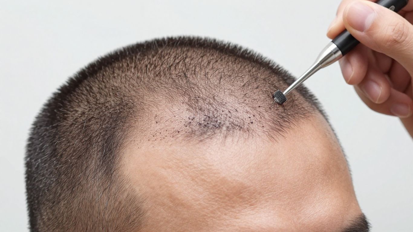 Scalp micropigmentation procedure in progress on a man's head.