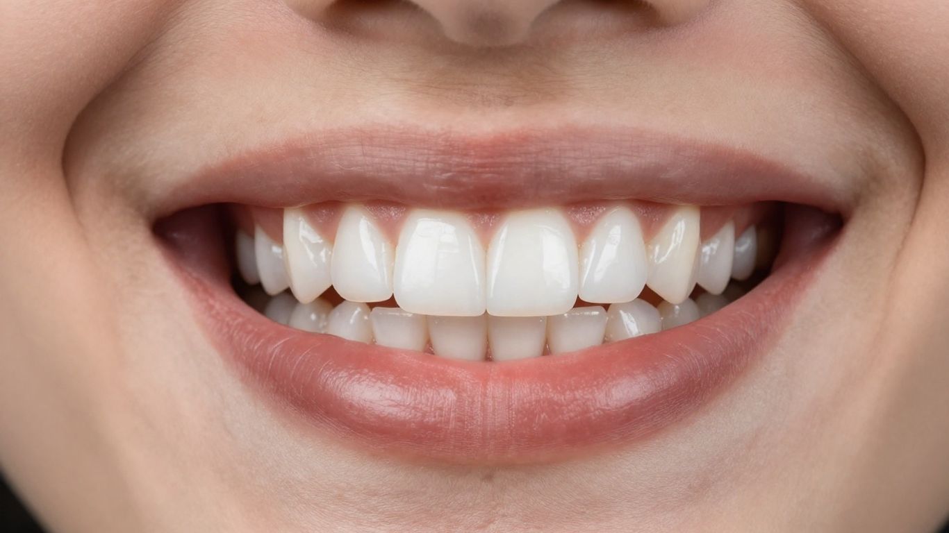 Close-up of a perfect smile with white porcelain veneers.