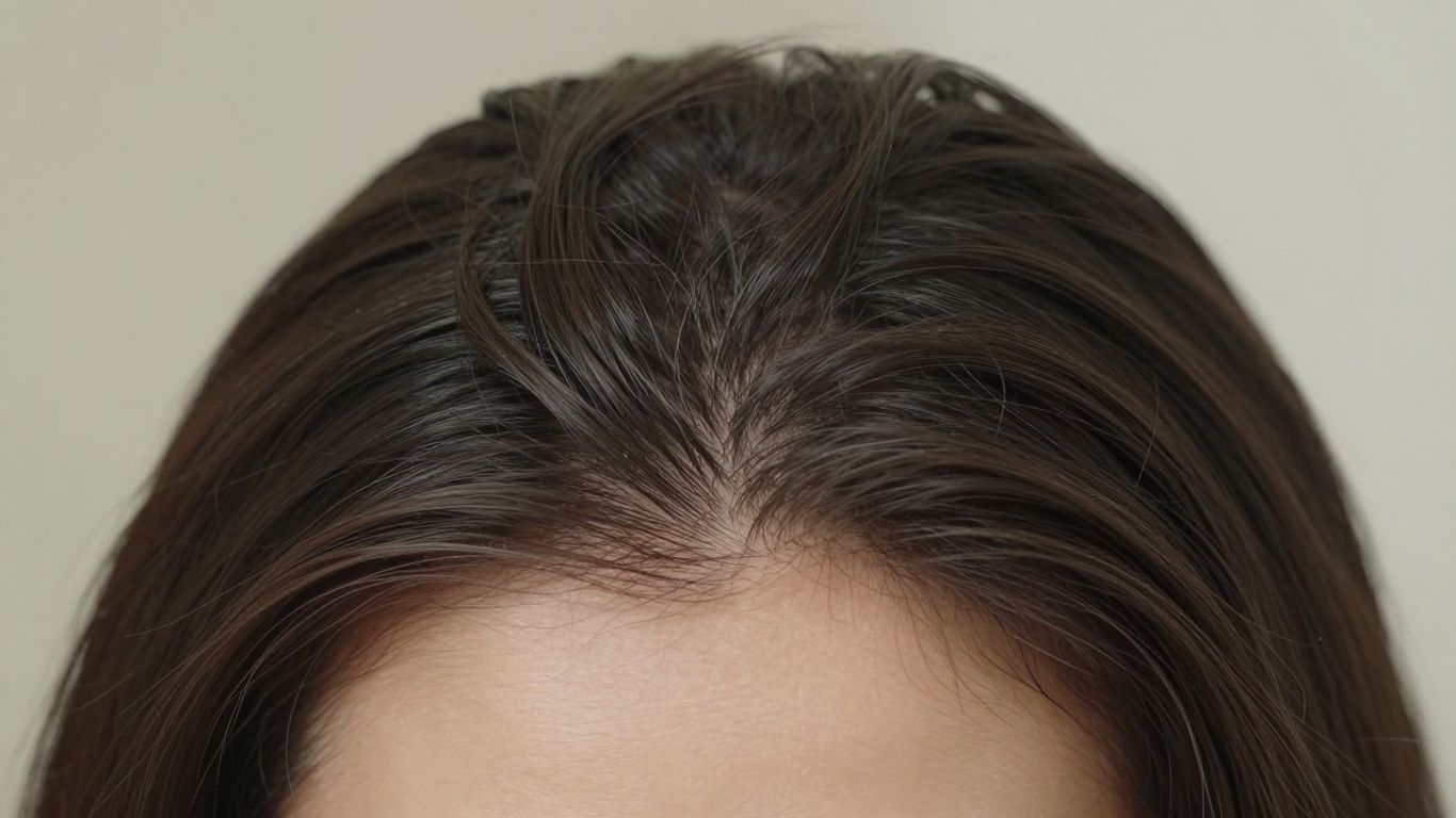 Woman's scalp with thinning hair, close-up view.