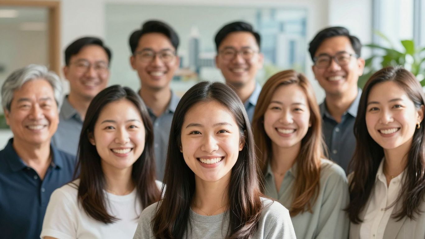 Smiling people, Vancouver WA skyline, affordable dental care