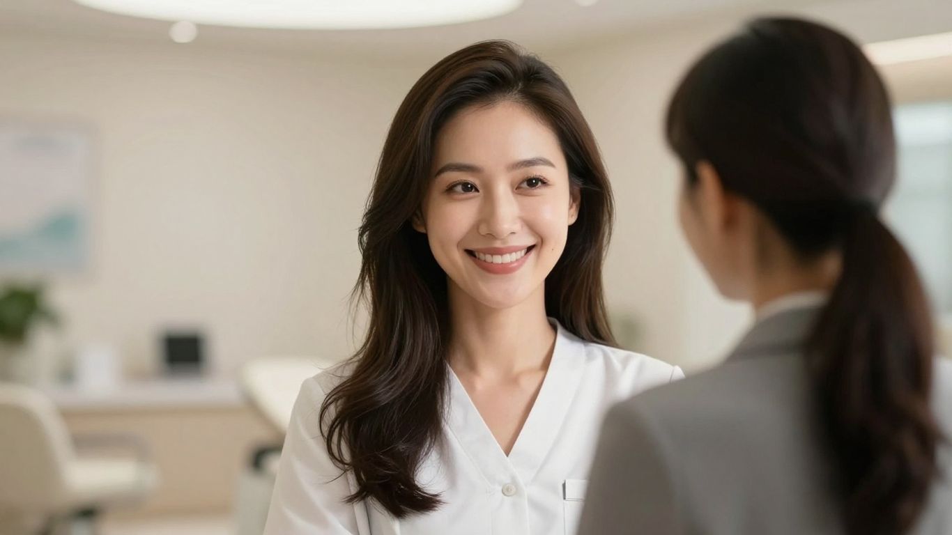 Woman smiling, enhanced curves, elegant clinic