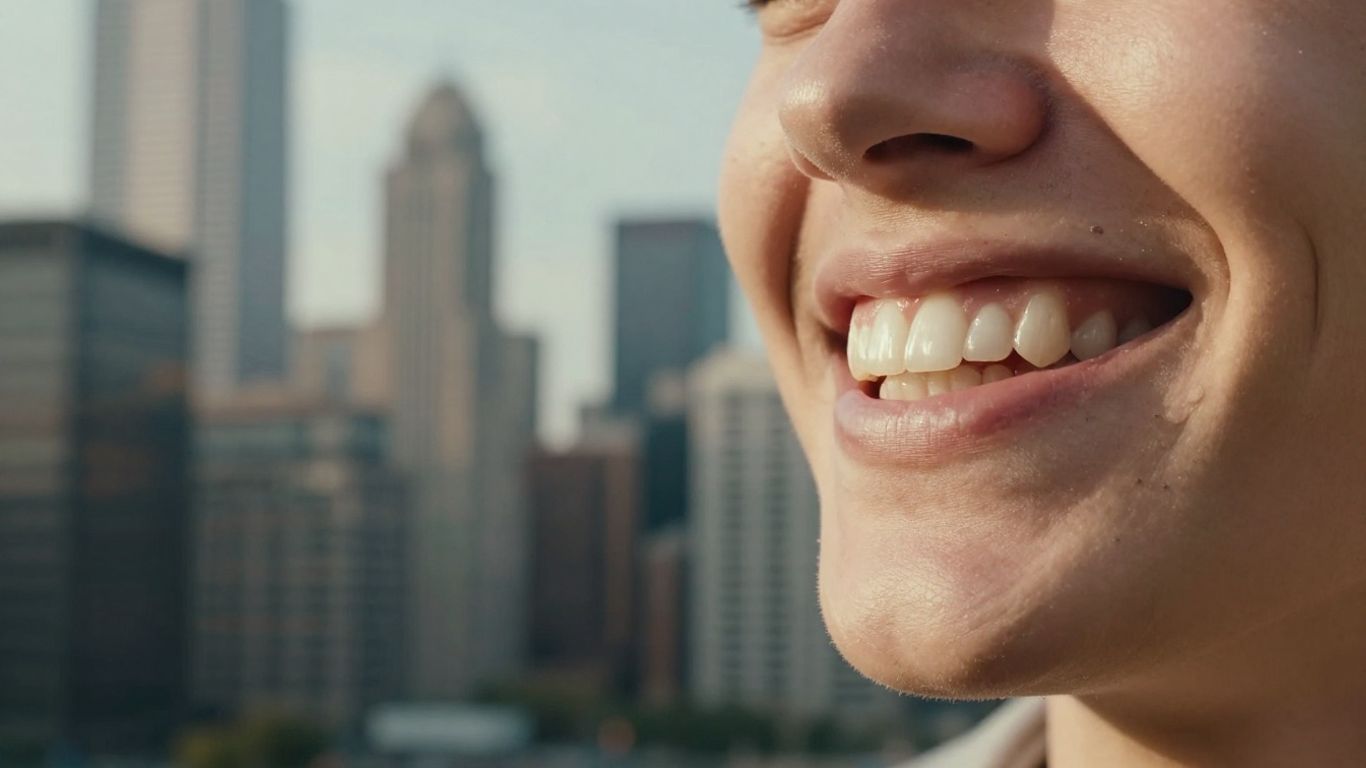 Smiling person with white teeth, Chicago skyline background.