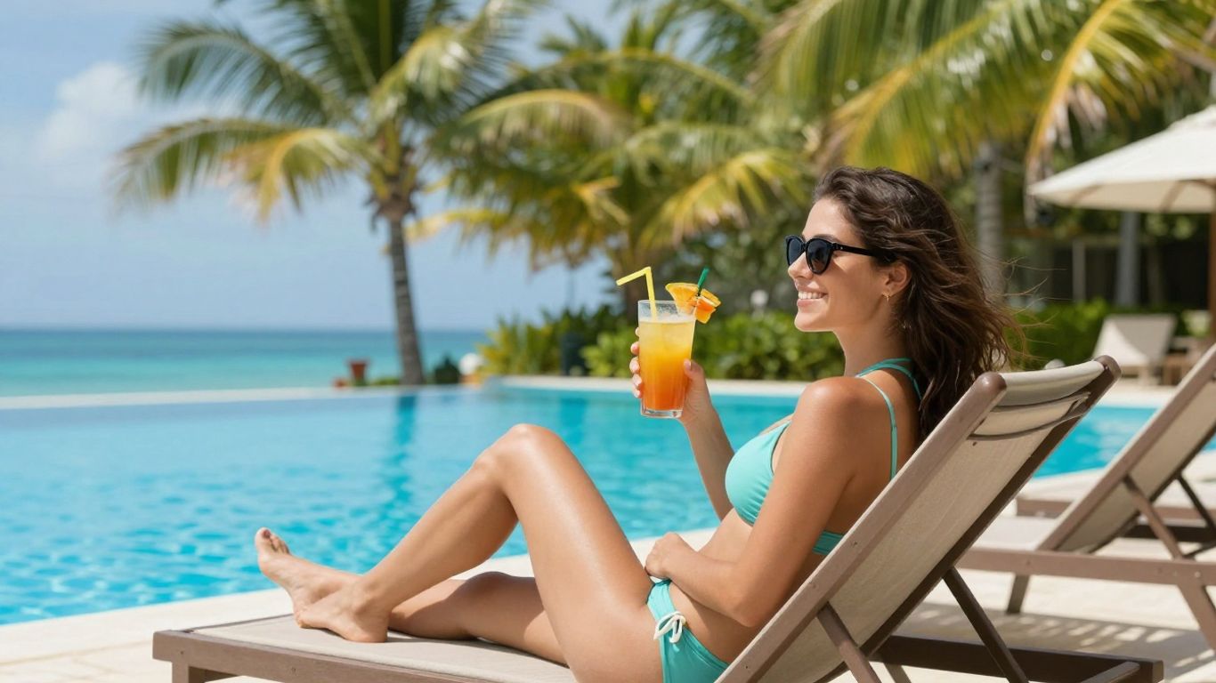 Woman relaxing by a pool in Mexico.