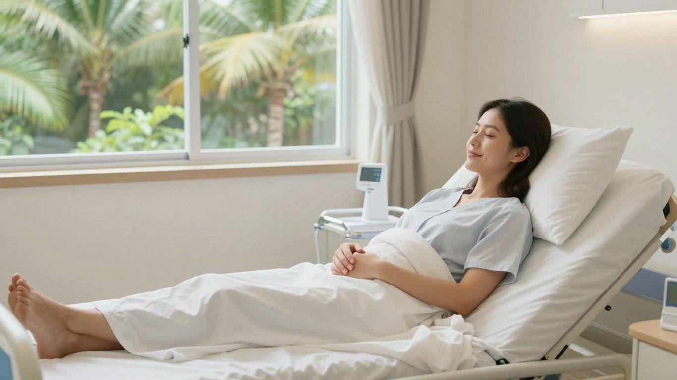 Woman relaxing in a beautiful recovery room after a mommy makeover.