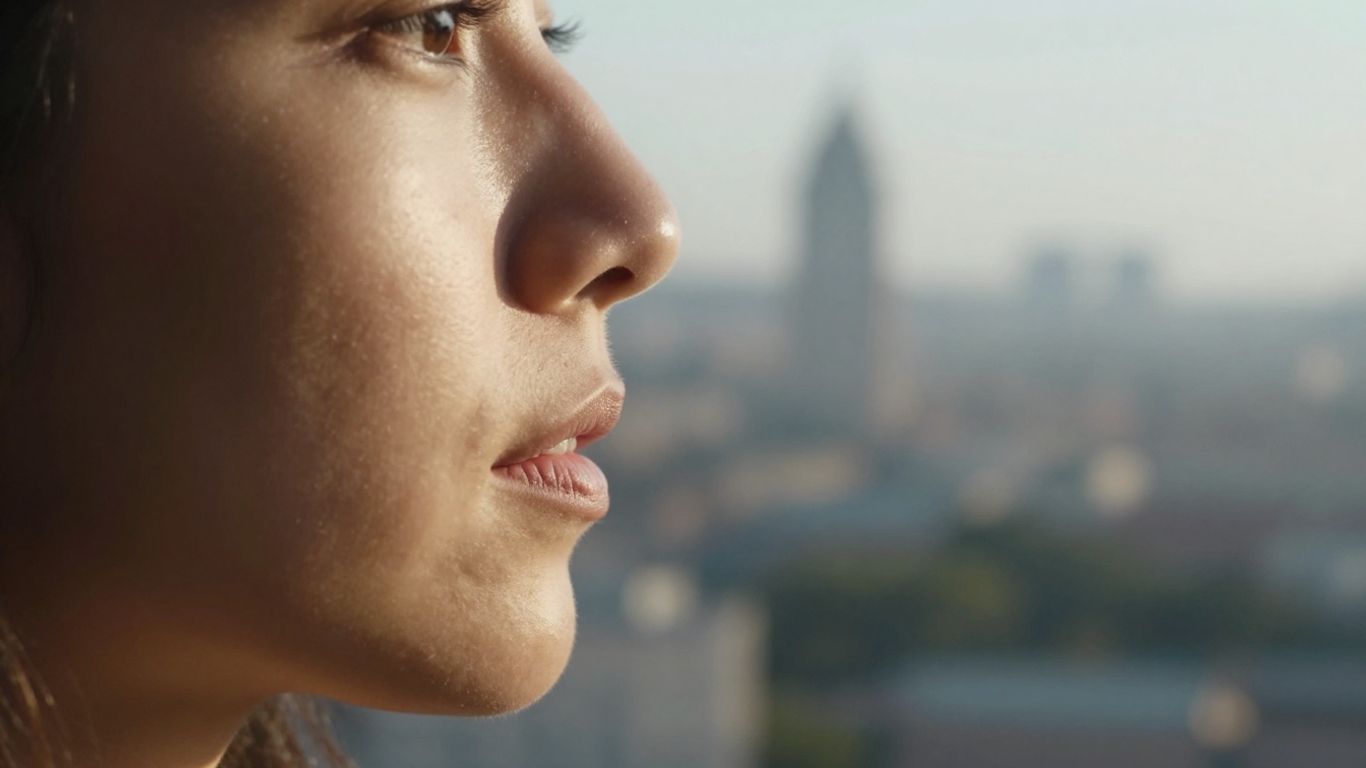 Profile view of a nose with a cityscape background.
