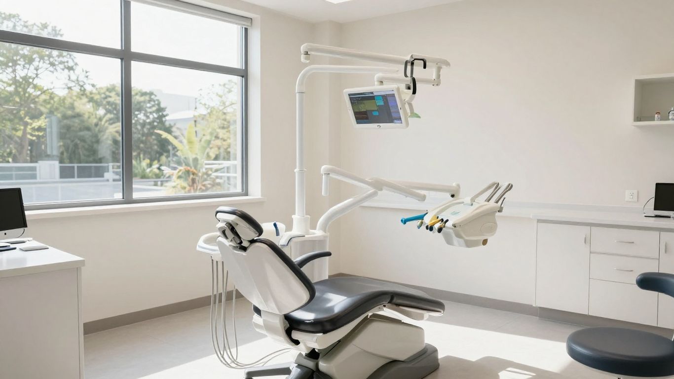 Modern dental office interior with sunlight and equipment.
