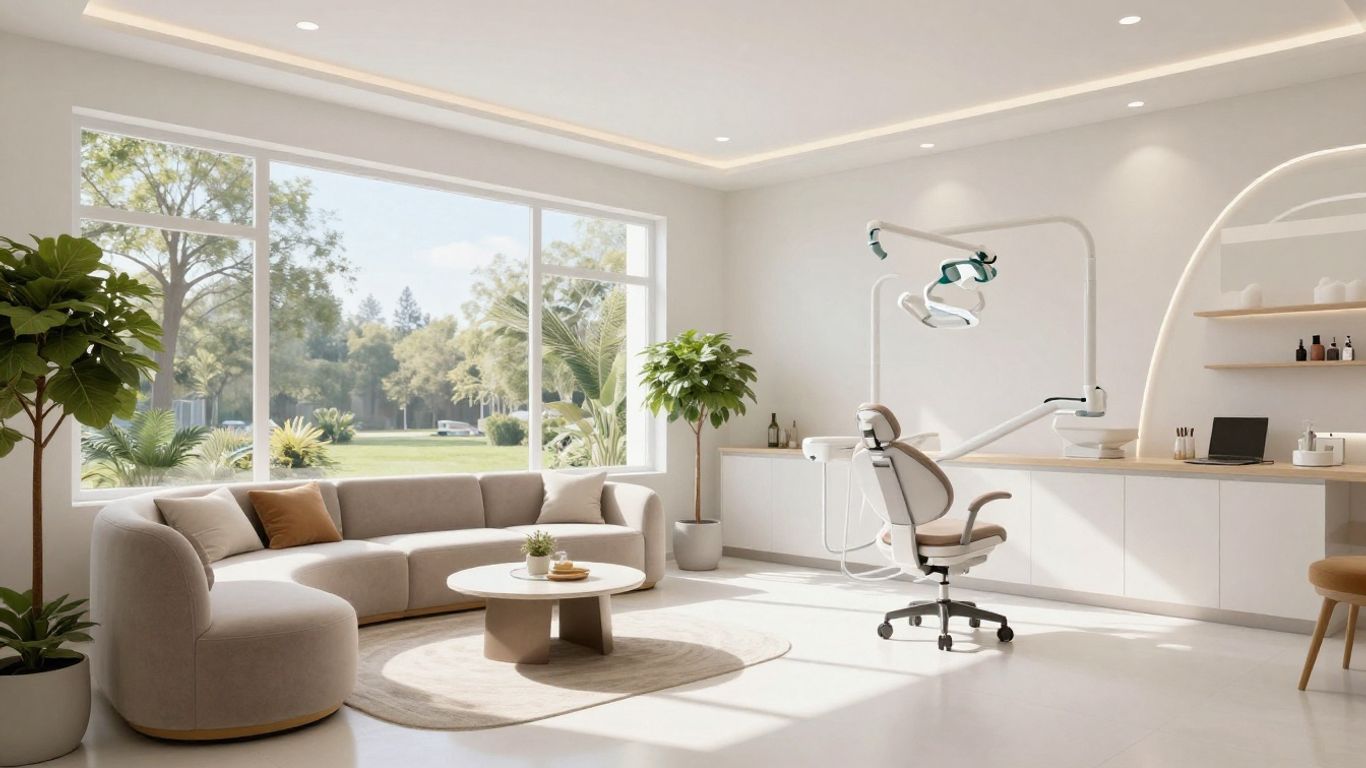 Modern dental office interior with comfortable seating and natural light.