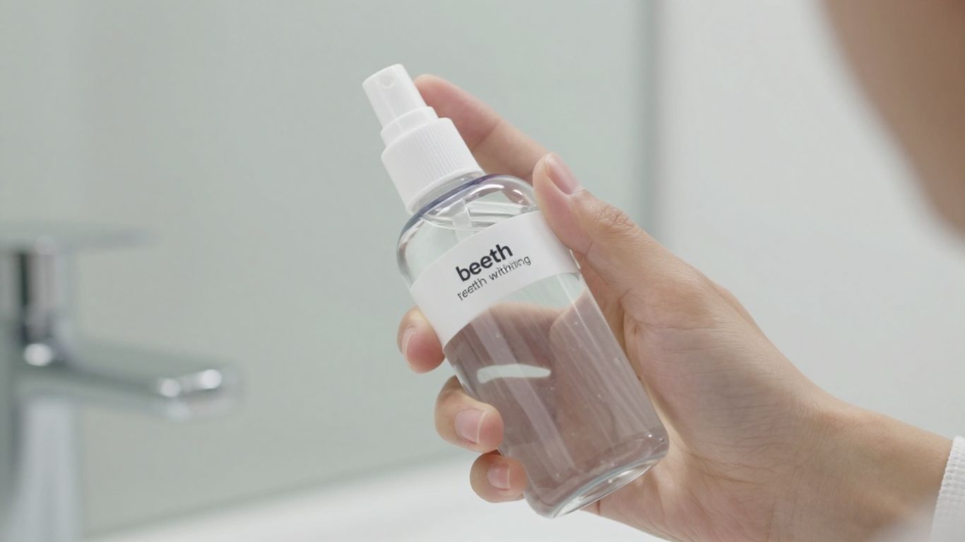 Bottle of teeth whitening rinse for a brighter smile.