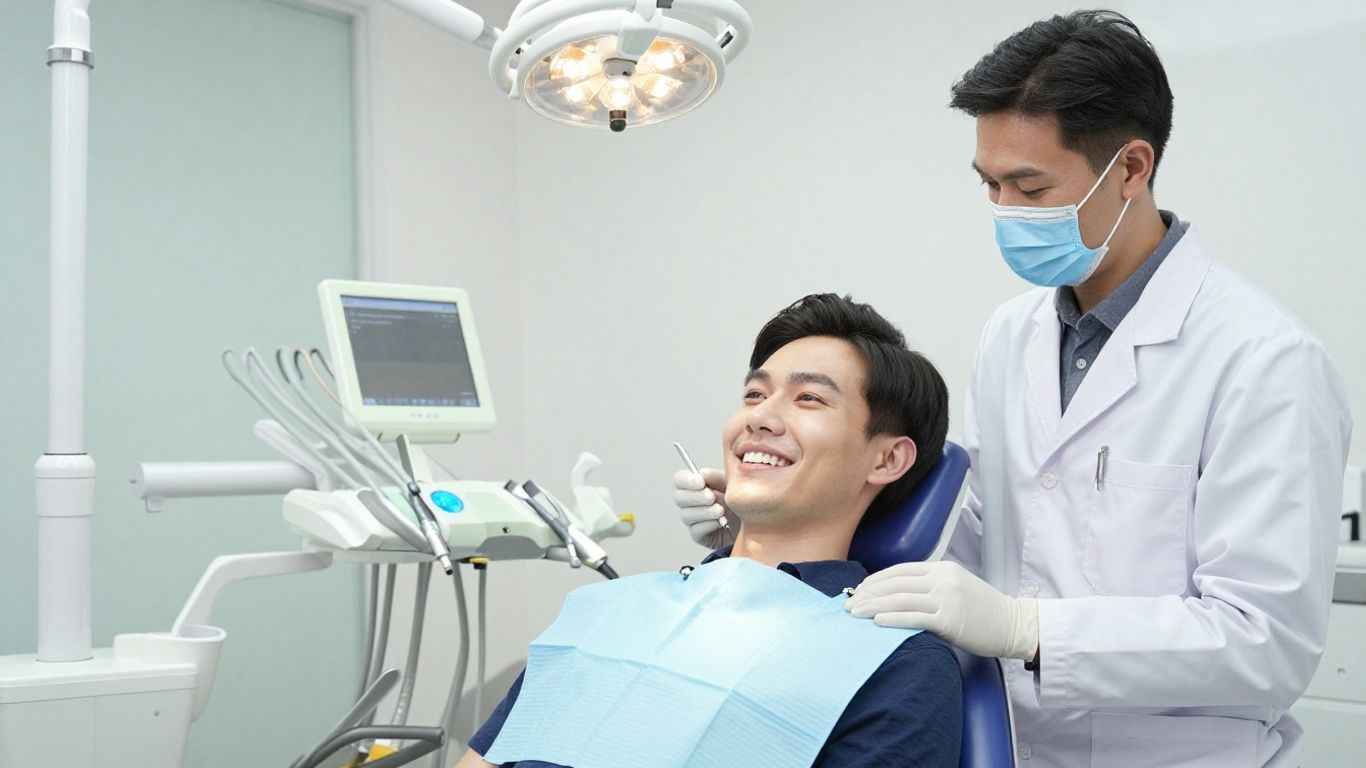 Dental patient smiling with dentist in modern Thai clinic