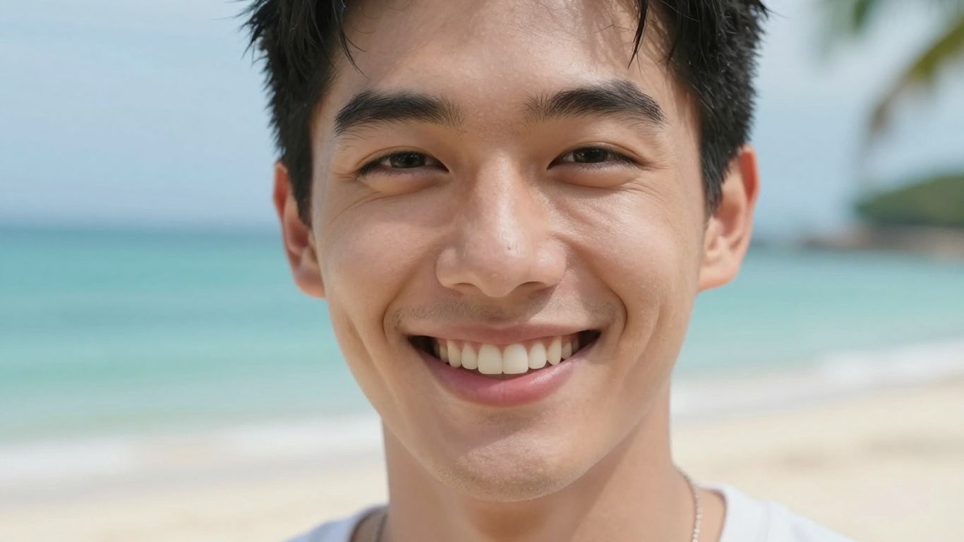 Smiling person with healthy teeth, Thai beach background.