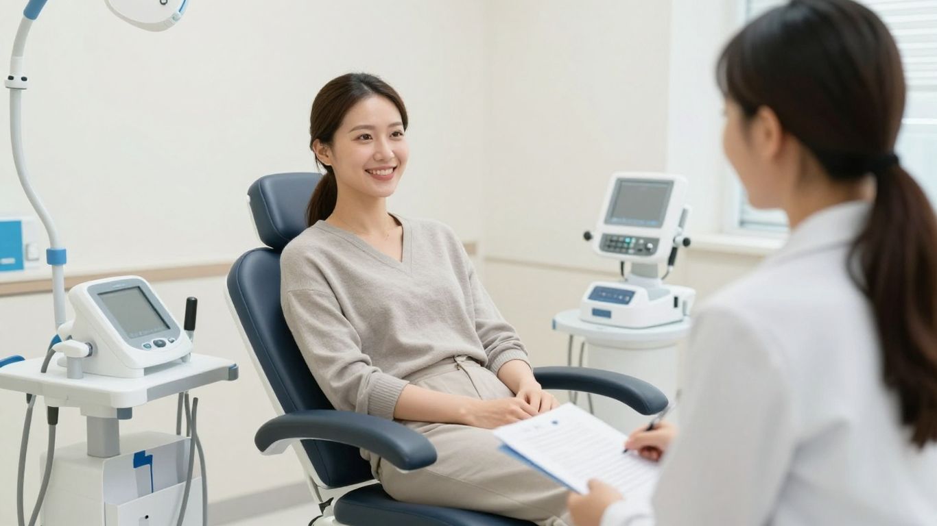 Smiling patient in a modern clinic consultation room.
