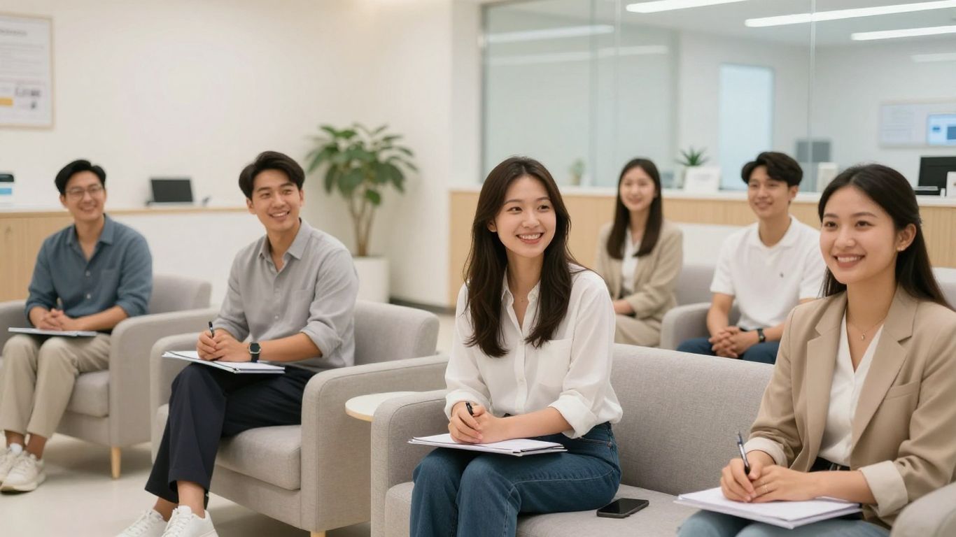 Modern clinic interior with smiling people.