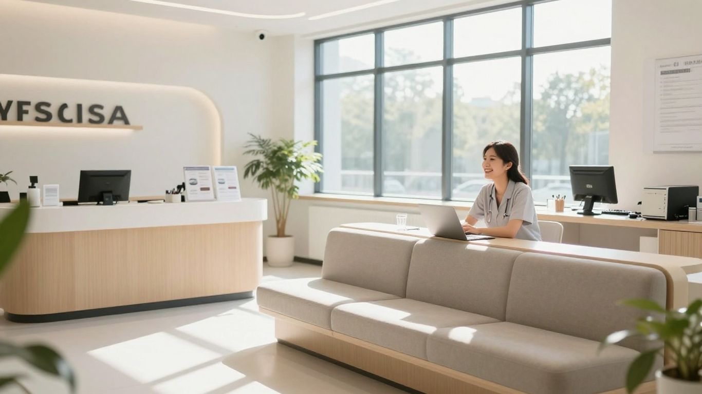 Modern clinic interior with comfortable seating and natural light.
