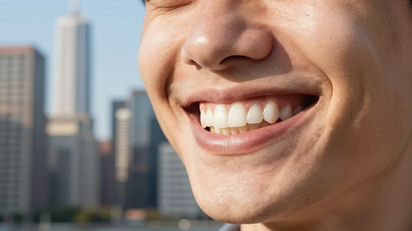 Smiling person with white teeth, Chicago skyline background.