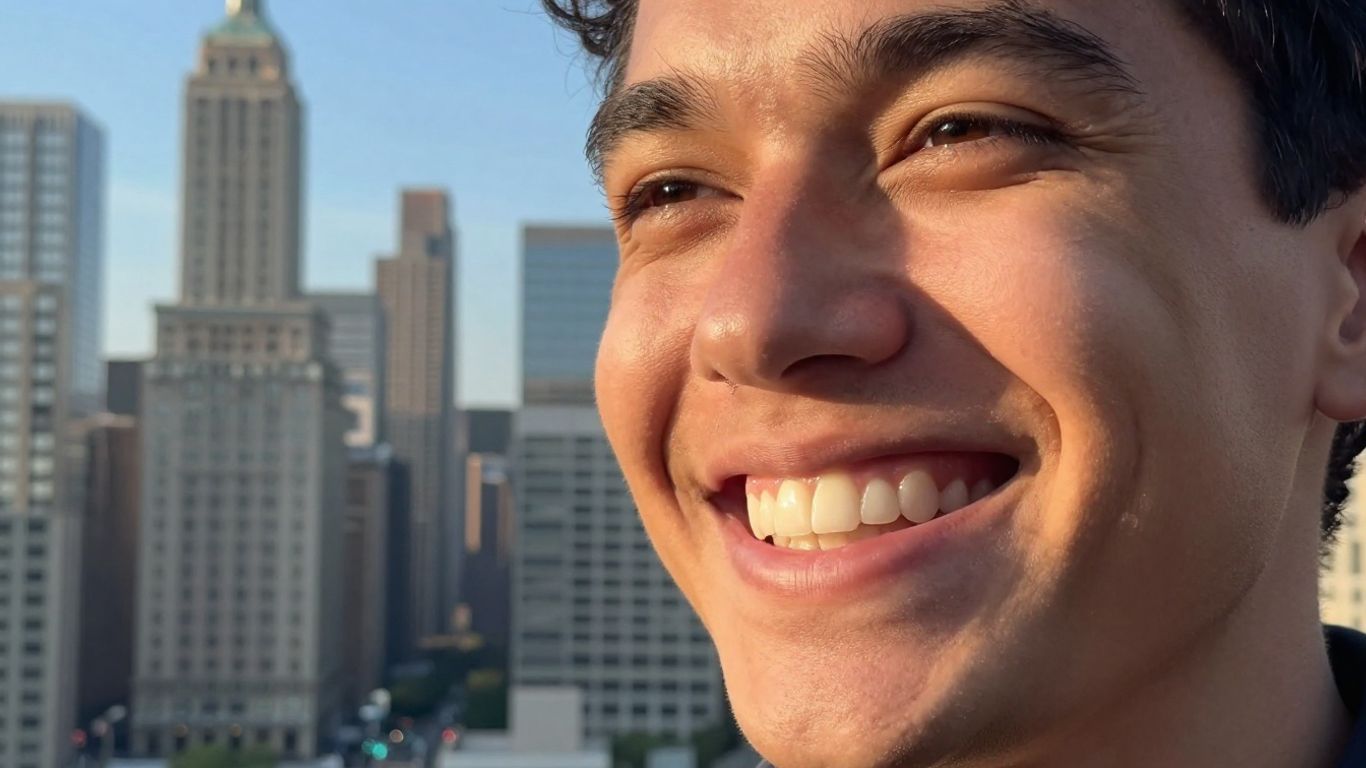Smiling person with Chicago skyline in background.