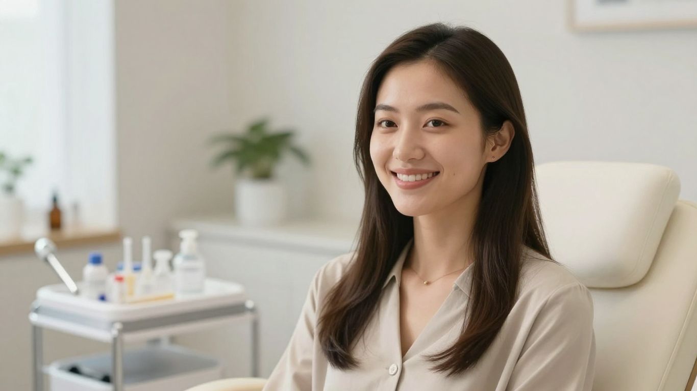 Cosmetic surgeon consultation room with smiling patient.