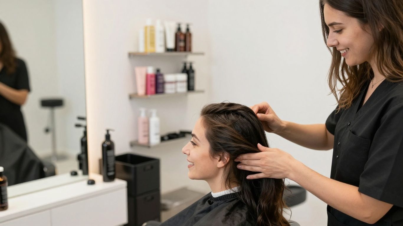 Woman with healthy hair gets scalp treatment in salon