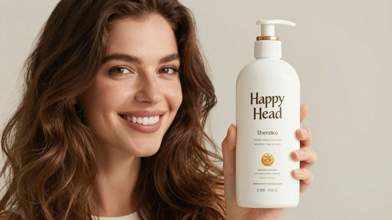 Happy Head Shampoo bottle with a woman with healthy hair.