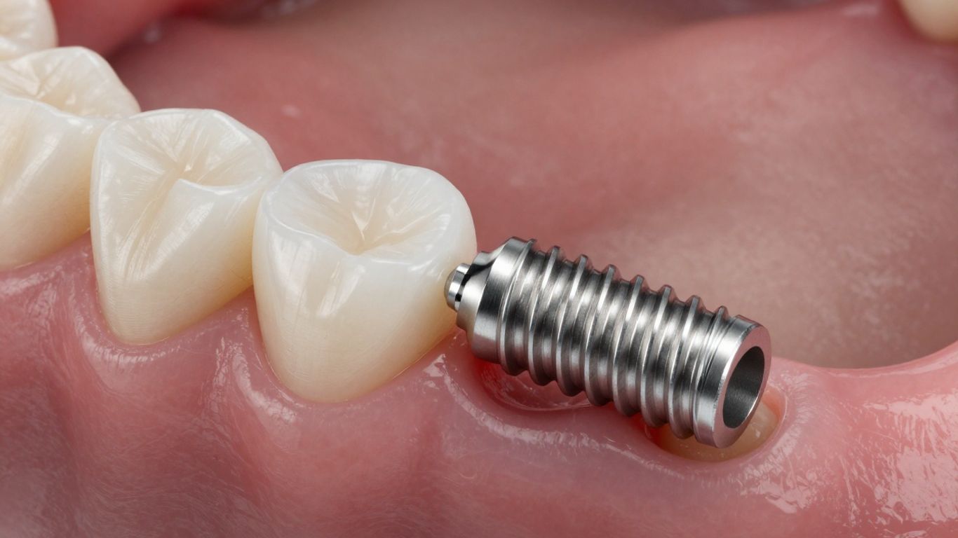 Dental implant next to a healthy tooth
