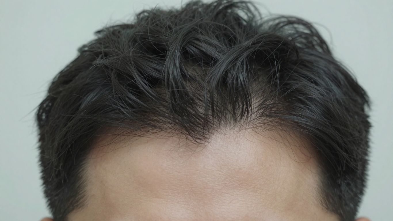 Man's head with natural-looking hair transplant hairline.