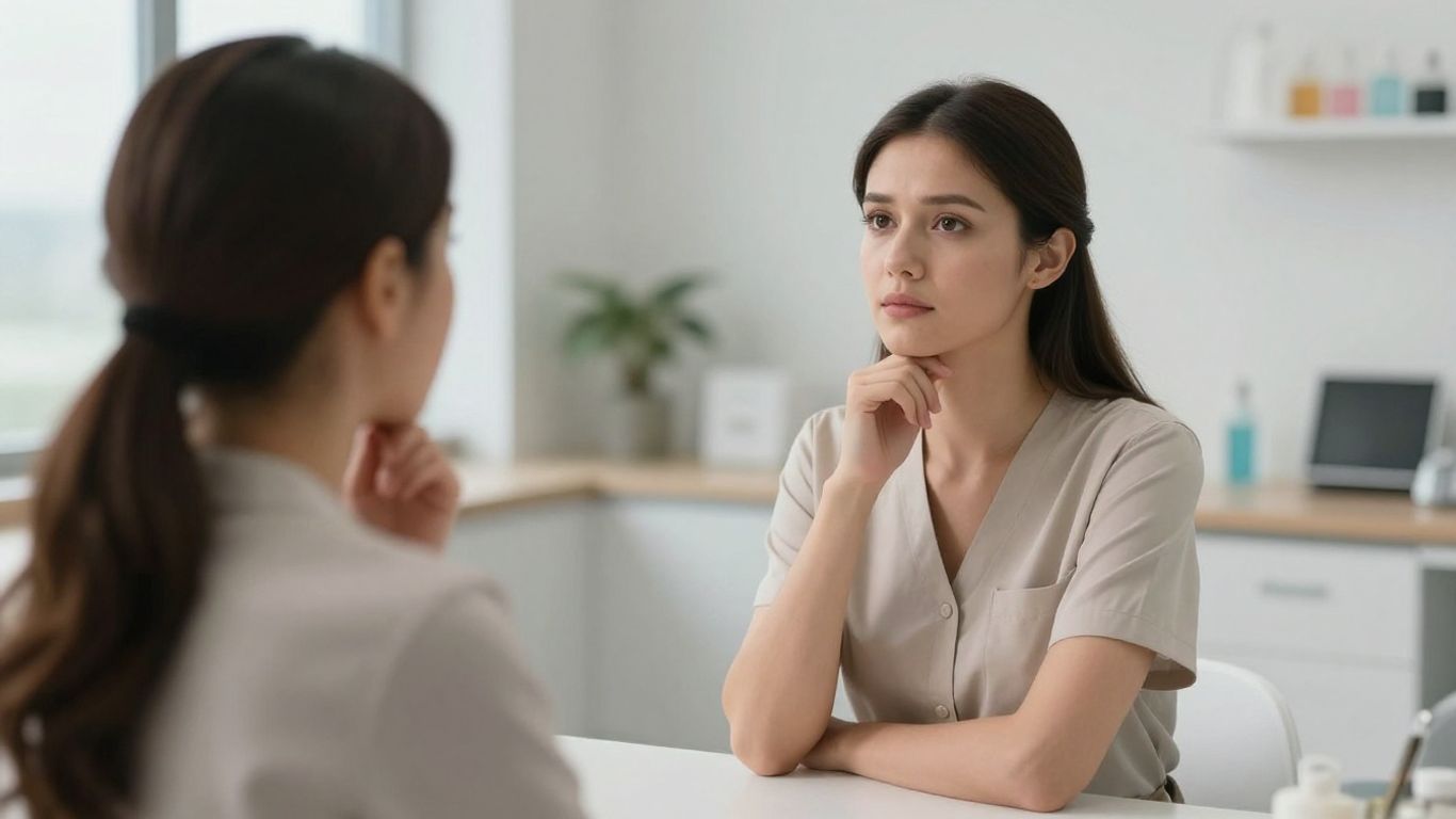 Woman considering breast augmentation in a clinic.