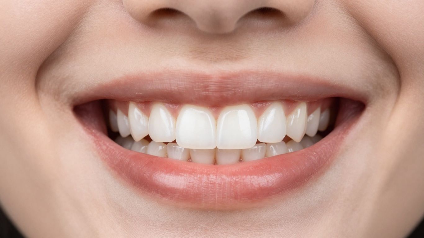 Close-up of a bright, white smile with dental veneers.