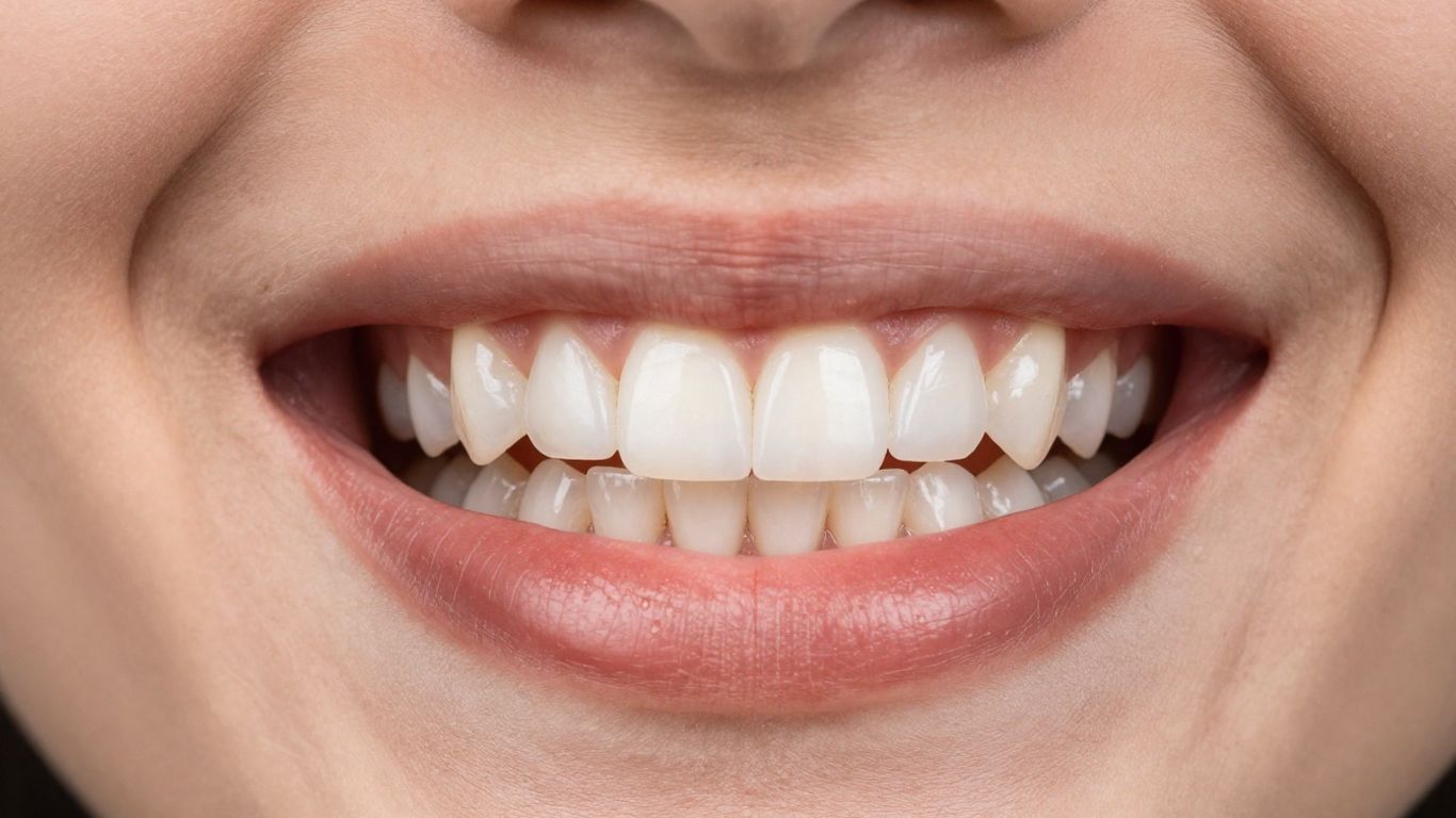 Close-up of a bright, natural smile with composite resin veneers.