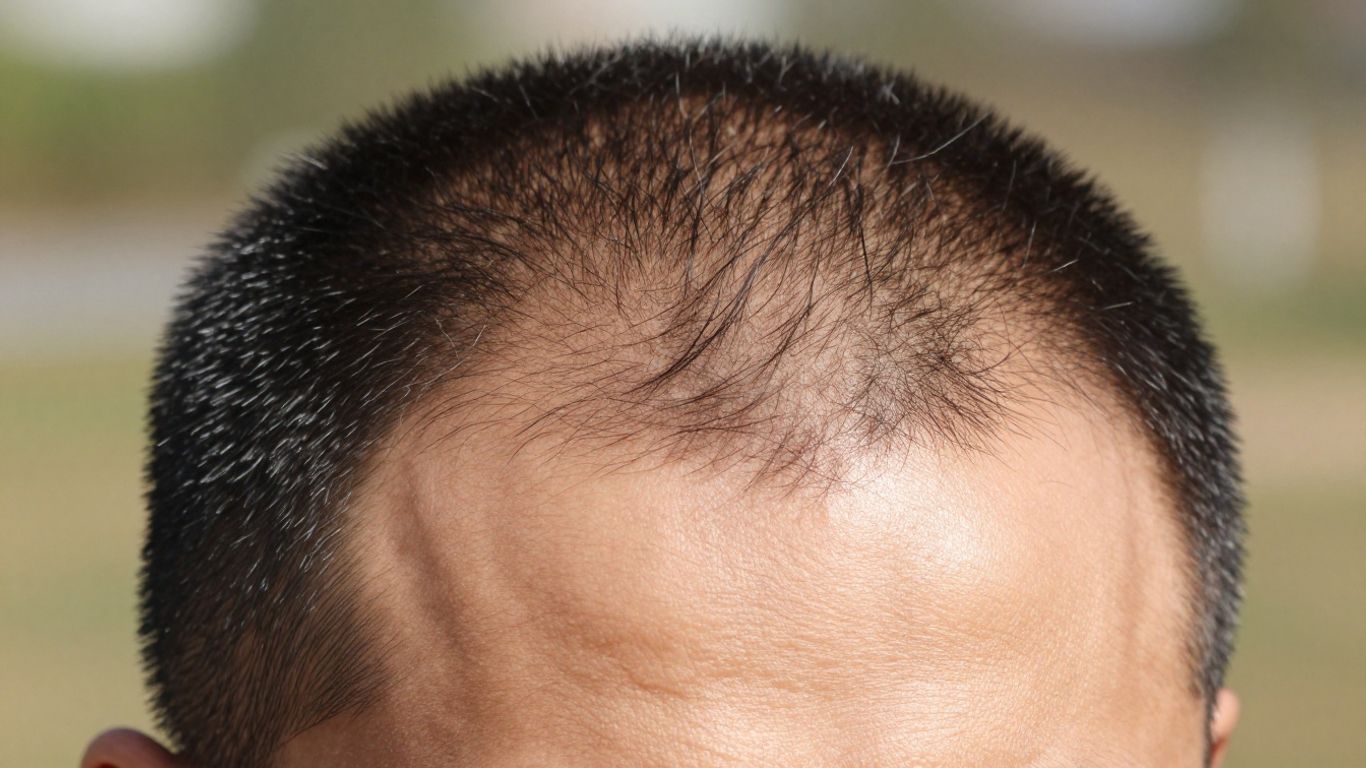 Man's head with a natural-looking hairline after transplant.
