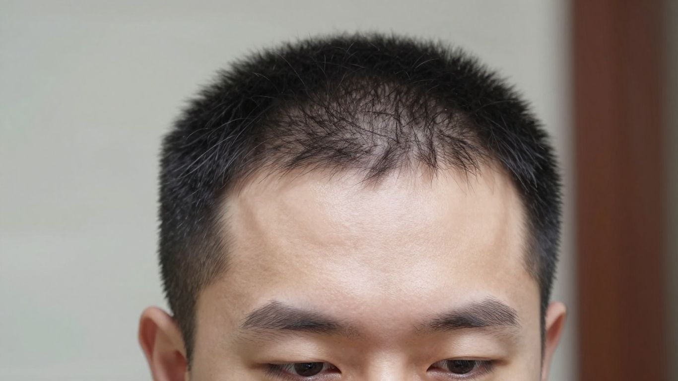 Man's head with natural-looking hair transplant results.