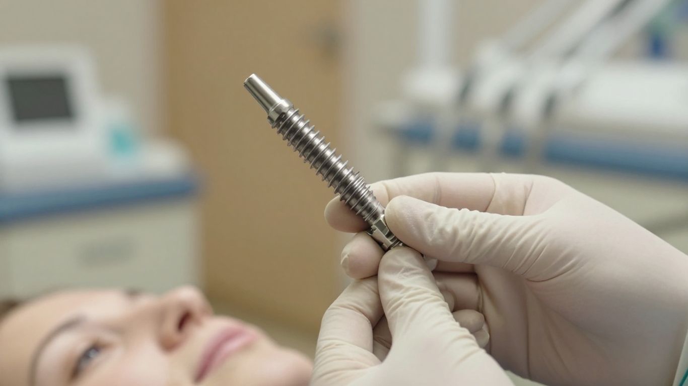 Dental implant model held by dentist's hand.