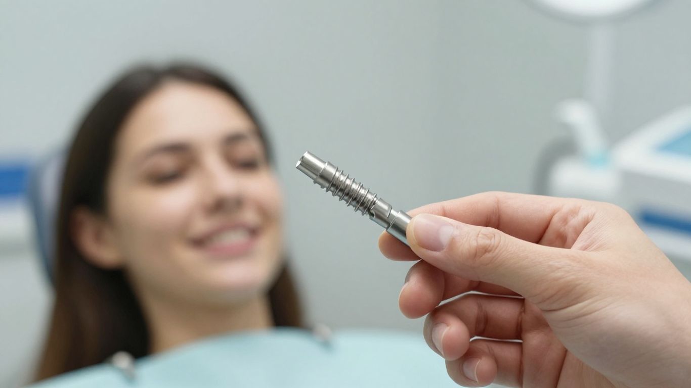 Dental implant model held by dentist's hand.