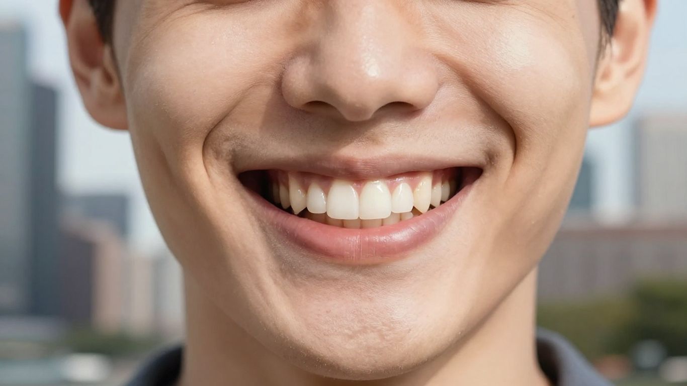 Smiling person with dental implant, NYC background.