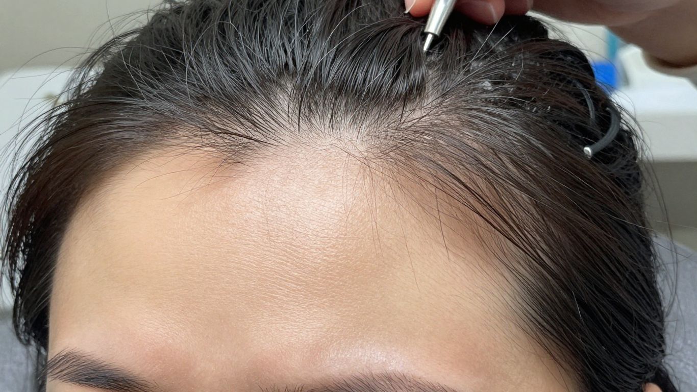 Unshaven DHI hair transplant procedure close-up
