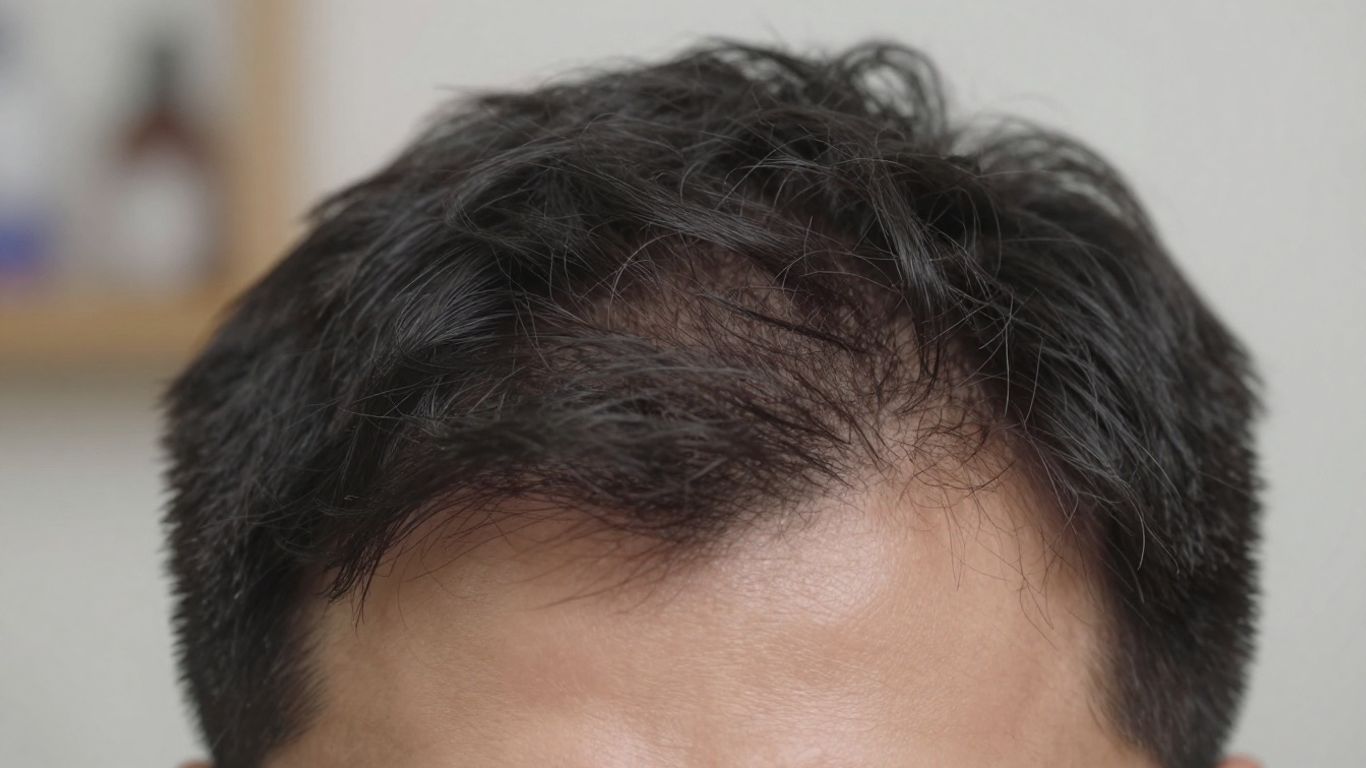 Man's hairline after hair transplant procedure.