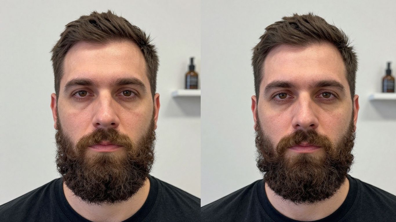 Before and after of beard transplant male face