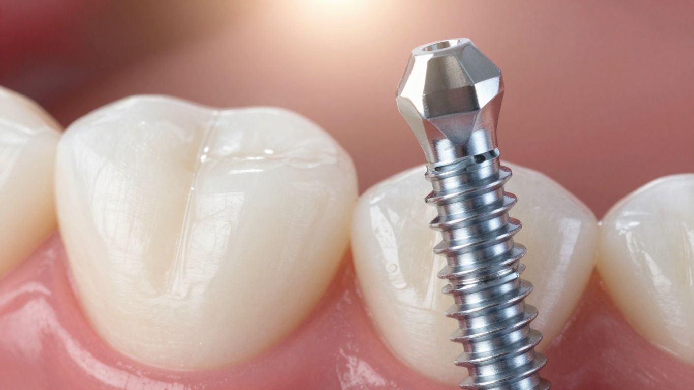 Dental implant next to a healthy tooth.