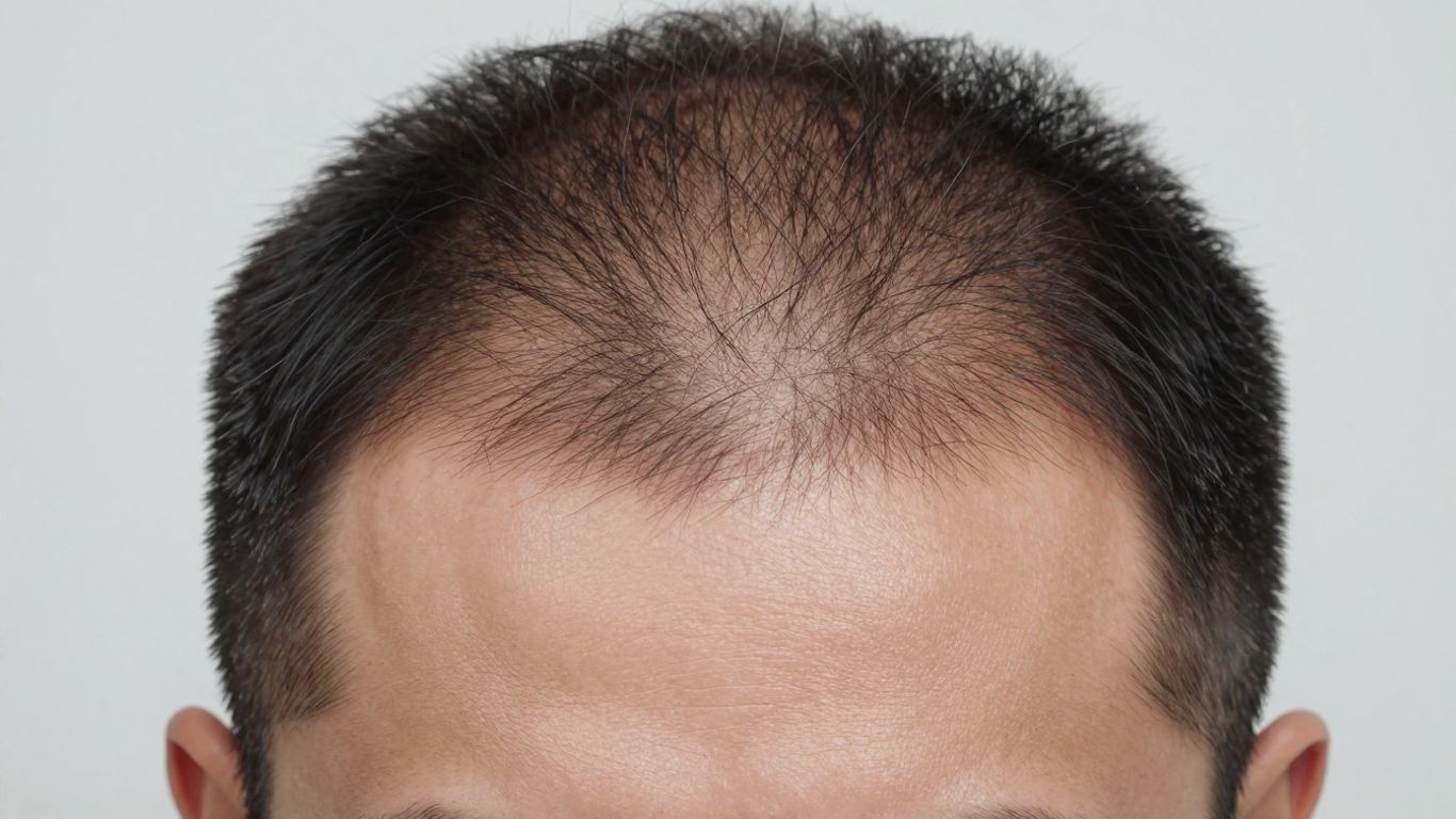 Man's head with improved hairline after hair transplant