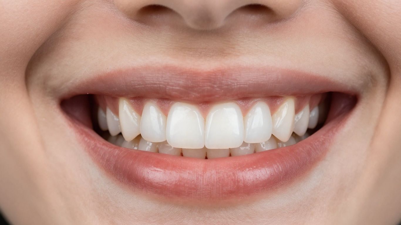 Close-up of a bright, white smile with composite resin veneers.