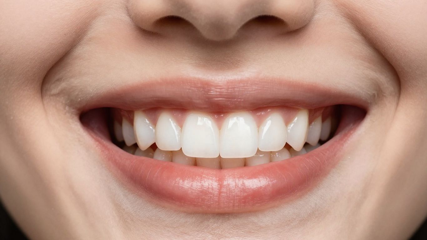 Close-up of a bright, healthy smile with composite veneers.