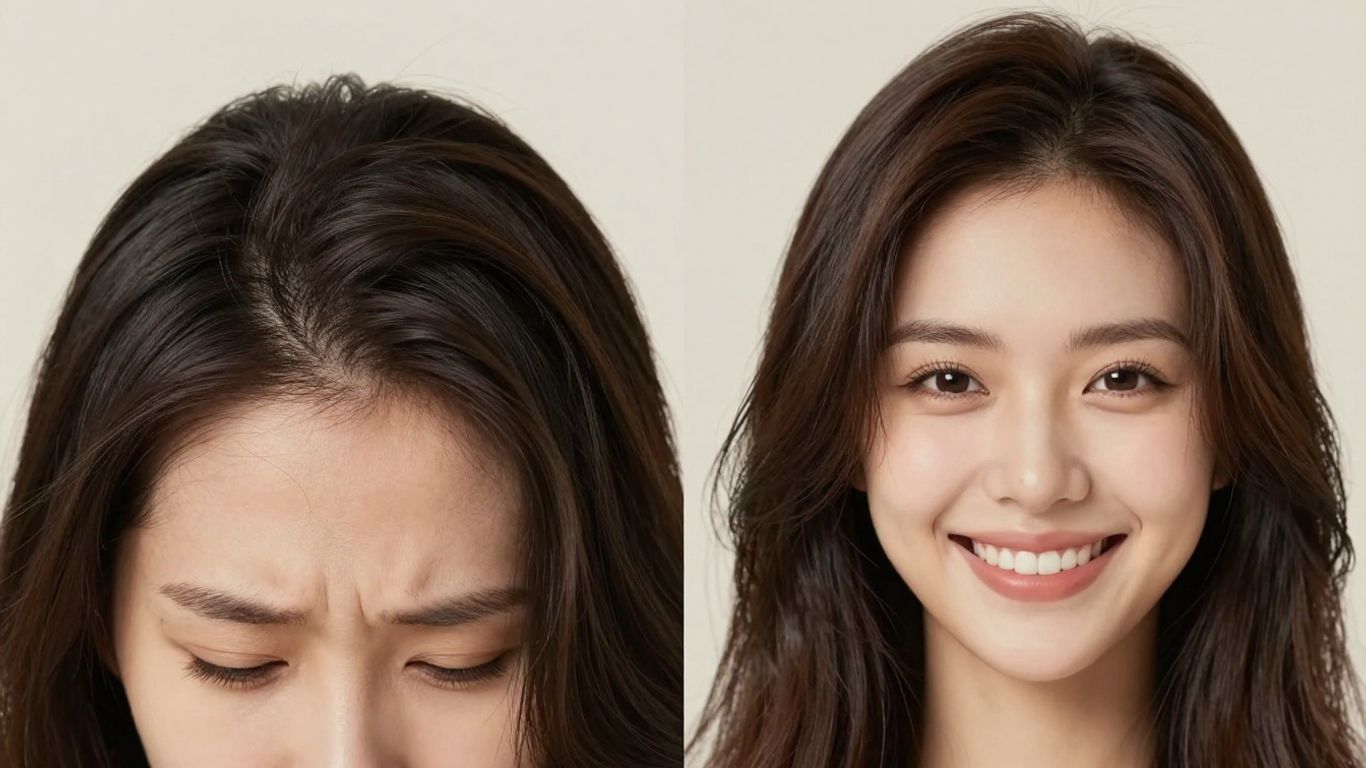 Person's hair transformation from thinning to fuller and healthier.