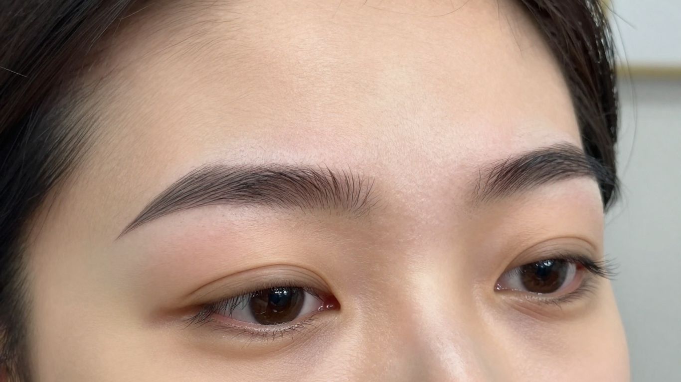 Close-up of perfectly shaped eyebrows after transplant.