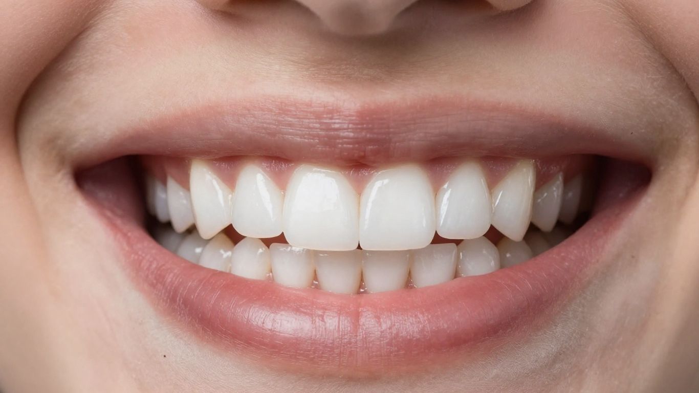 Close-up of a bright, white smile with dental veneers.